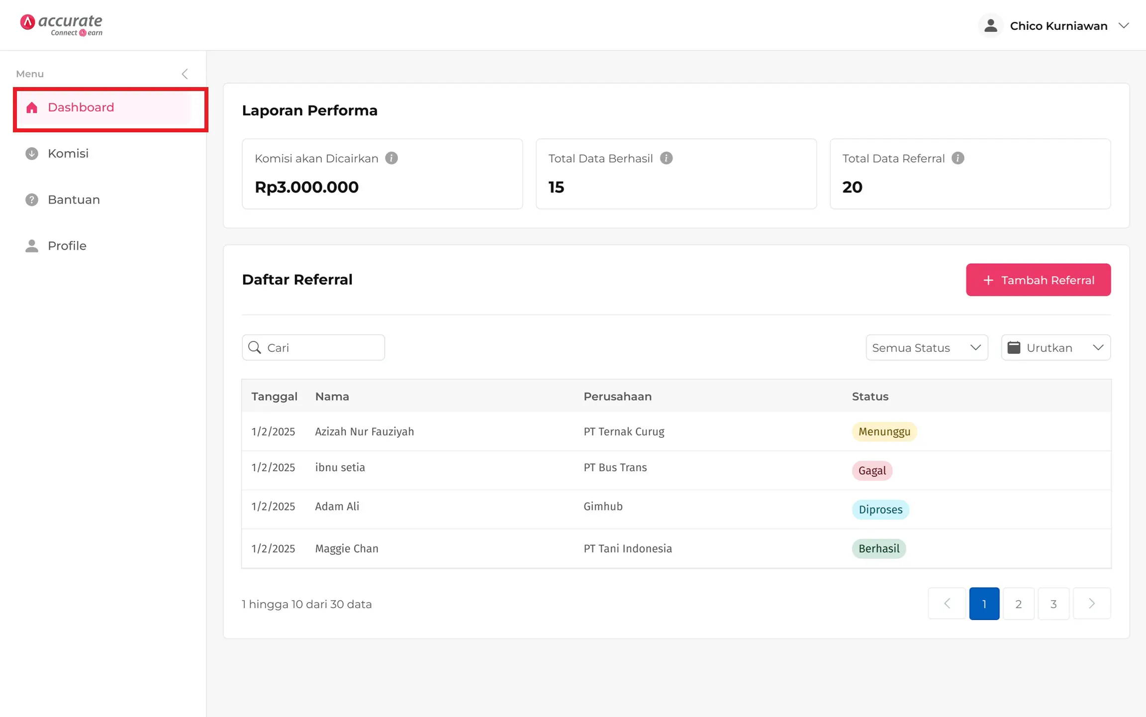 dashboard accurate connect earn